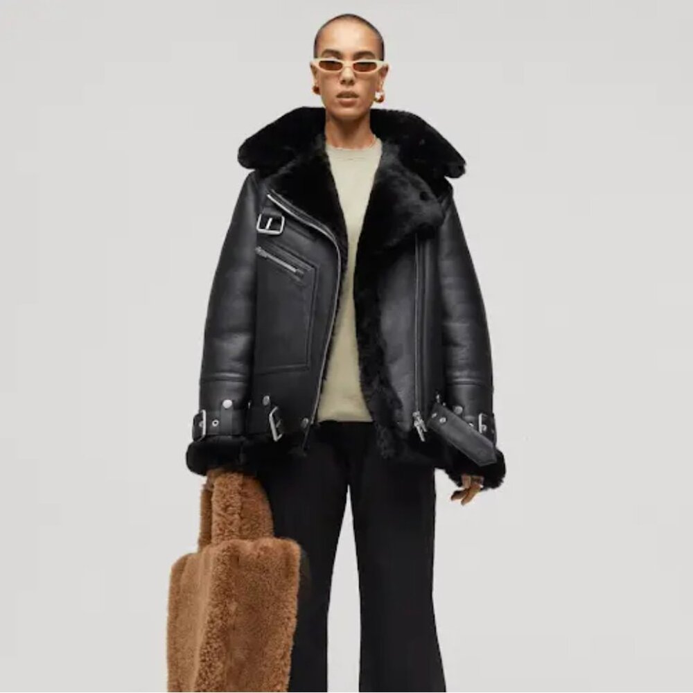 The Arrivals Moya Oversized Leather & Shearling Jacket, Black, XXS (Runs Large)